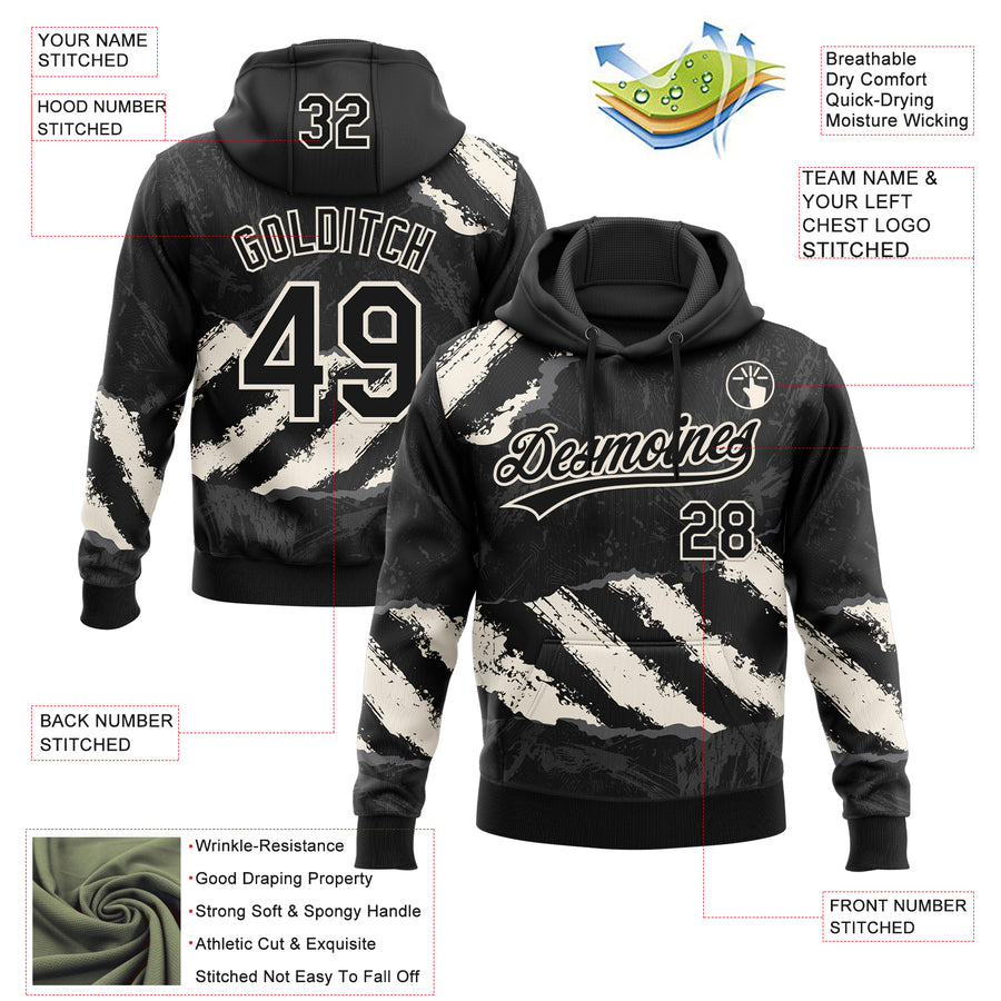 Custom Stitched Black Cream-Steel Gray 3D Pattern Design Splash Sports Pullover Sweatshirt Hoodie