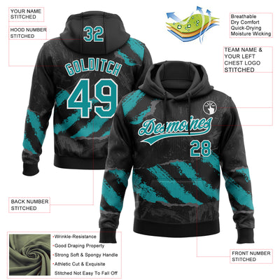 Custom Stitched Black Teal Steel Gray-White 3D Pattern Design Splash Sports Pullover Sweatshirt Hoodie