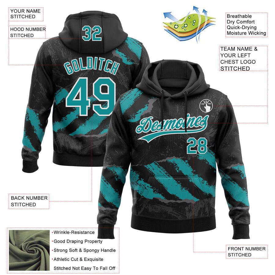 Custom Stitched Black Teal Steel Gray-White 3D Pattern Design Splash Sports Pullover Sweatshirt Hoodie