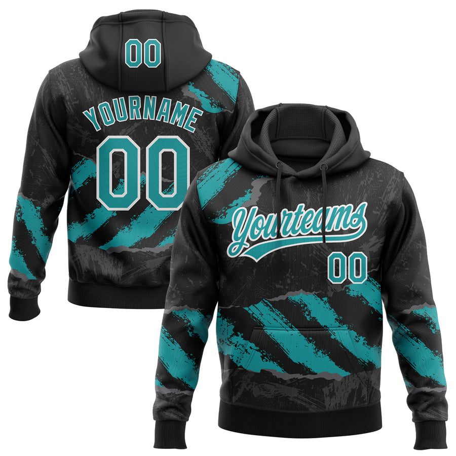 Custom Stitched Black Teal Steel Gray-White 3D Pattern Design Splash Sports Pullover Sweatshirt Hoodie