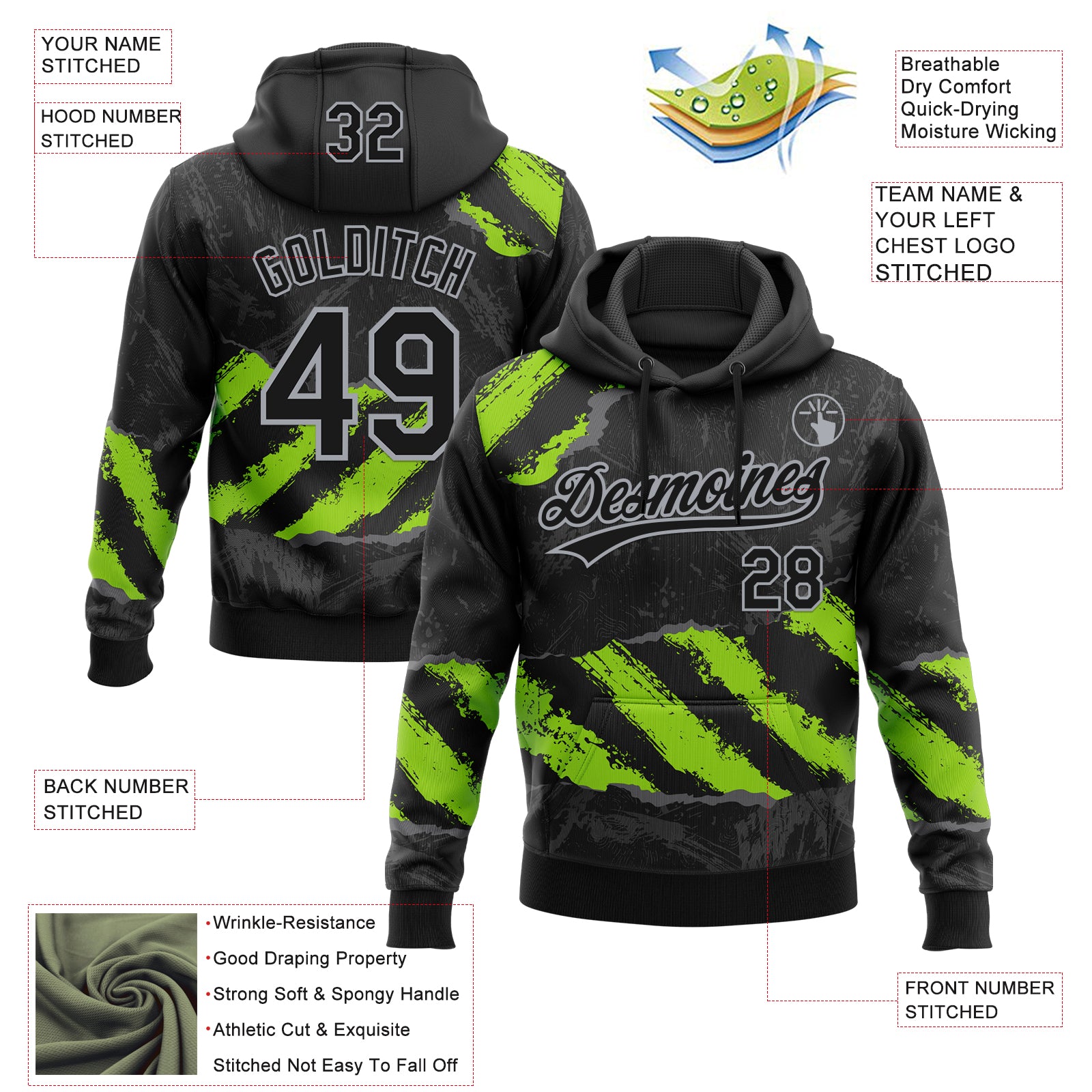 Custom Stitched Black Neon Green Steel Gray-Gray 3D Pattern Design Splash Sports Pullover Sweatshirt Hoodie