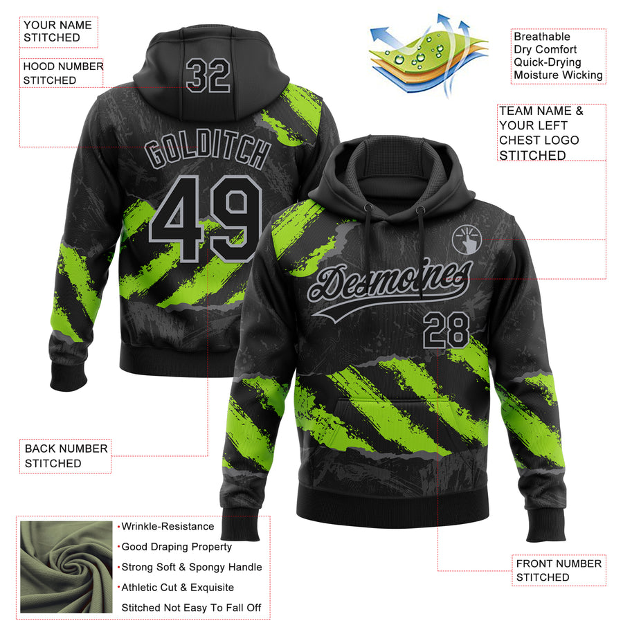 Custom Stitched Black Neon Green Steel Gray-Gray 3D Pattern Design Splash Sports Pullover Sweatshirt Hoodie