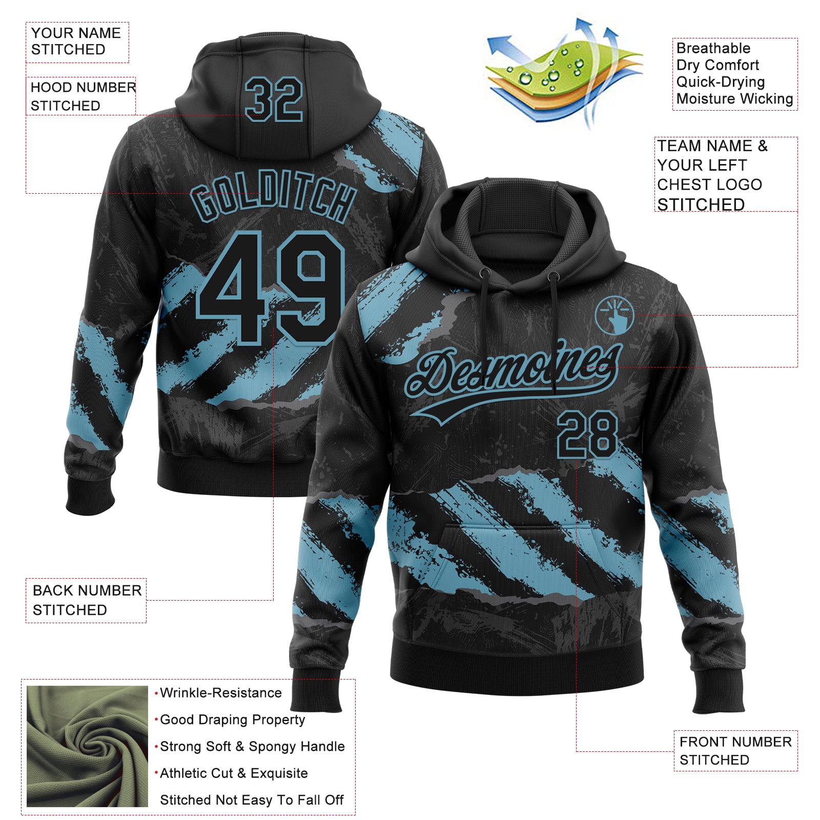 Custom Stitched Black Shadow Blue-Steel Gray 3D Pattern Design Splash Sports Pullover Sweatshirt Hoodie