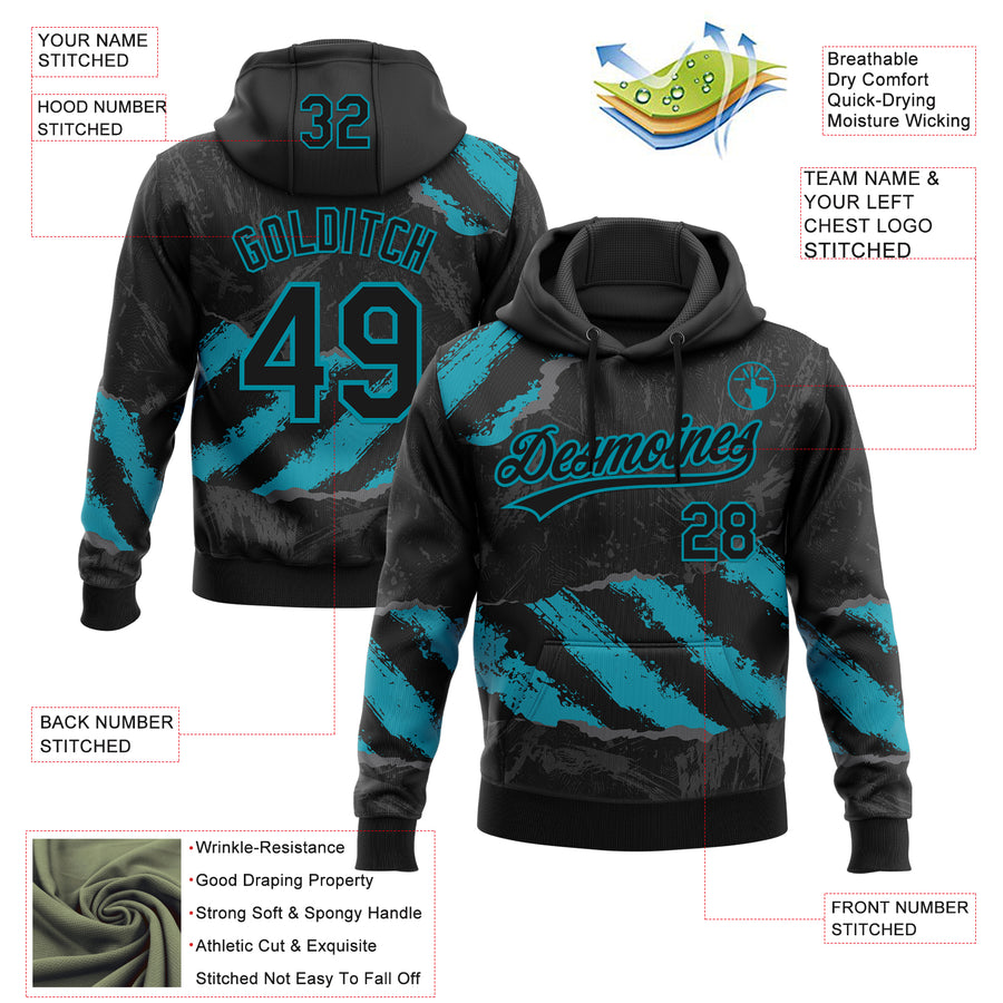 Custom Stitched Black Teal-Steel Gray 3D Pattern Design Splash Sports Pullover Sweatshirt Hoodie