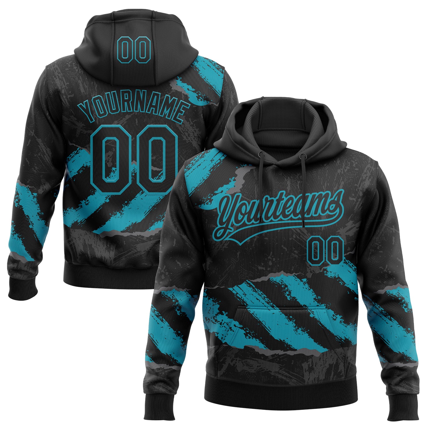 Custom Stitched Black Teal-Steel Gray 3D Pattern Design Splash Sports Pullover Sweatshirt Hoodie