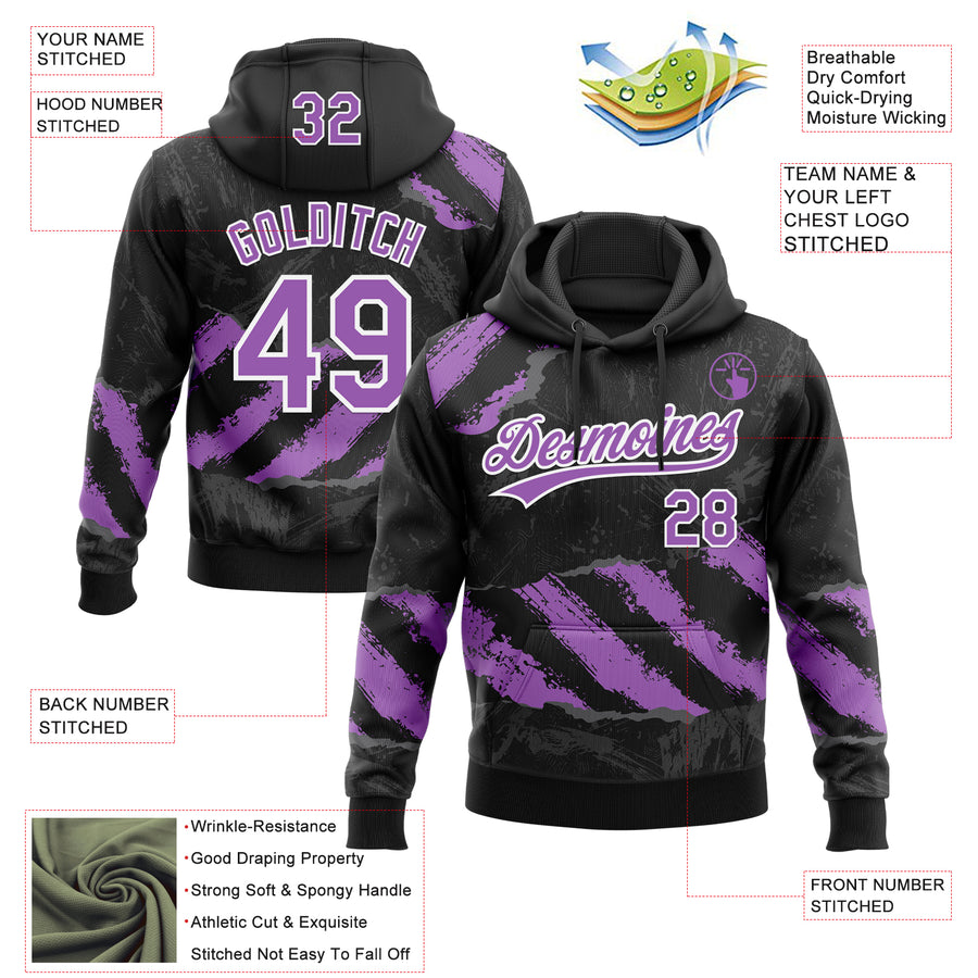 Custom Stitched Black Medium Purple Steel Gray-White 3D Pattern Design Splash Sports Pullover Sweatshirt Hoodie