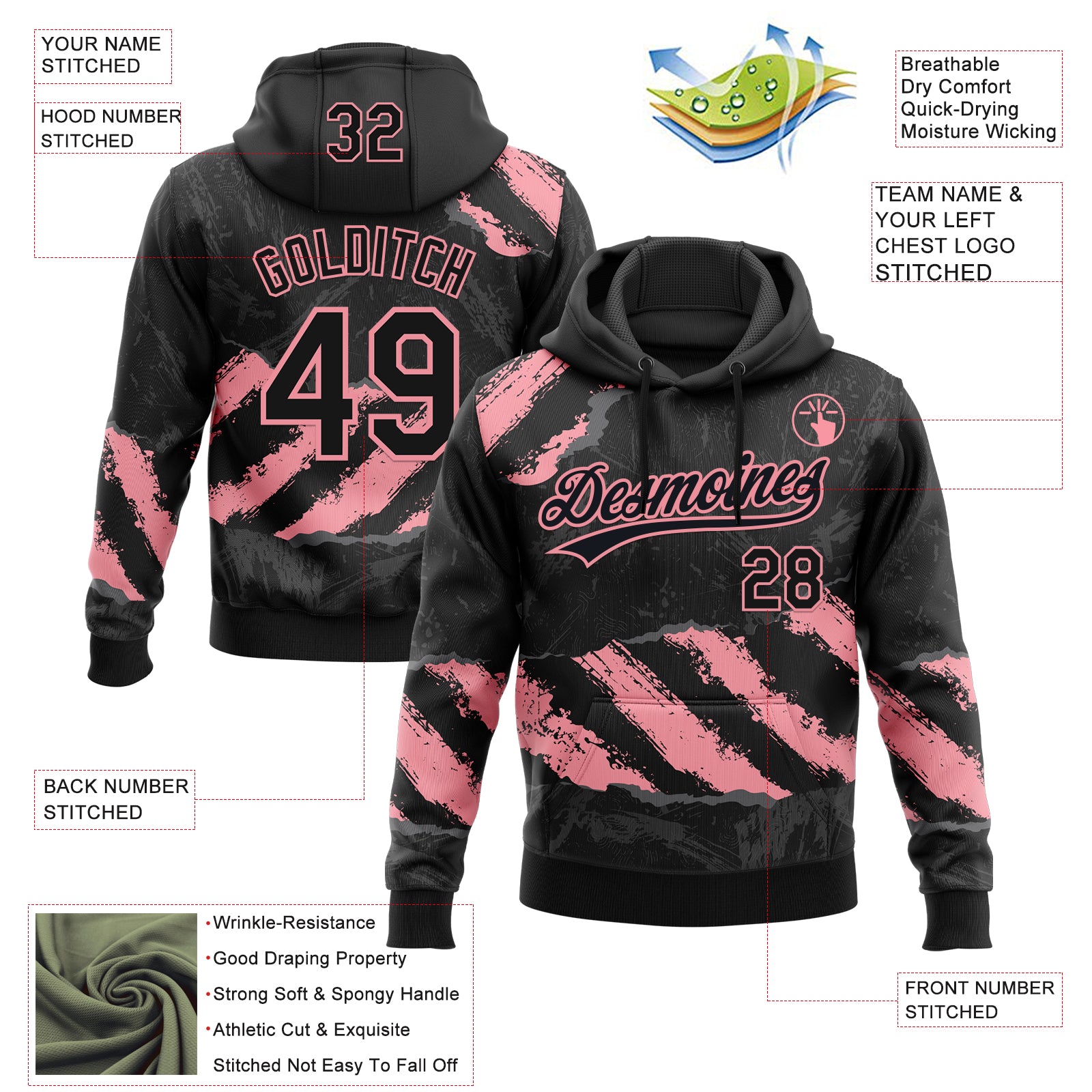 Custom Stitched Black Medium Pink-Steel Gray 3D Pattern Design Splash Sports Pullover Sweatshirt Hoodie