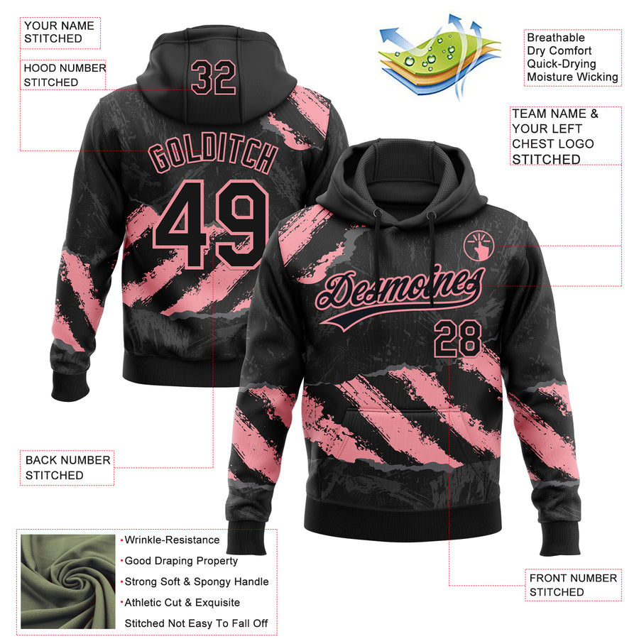Custom Stitched Black Medium Pink-Steel Gray 3D Pattern Design Splash Sports Pullover Sweatshirt Hoodie