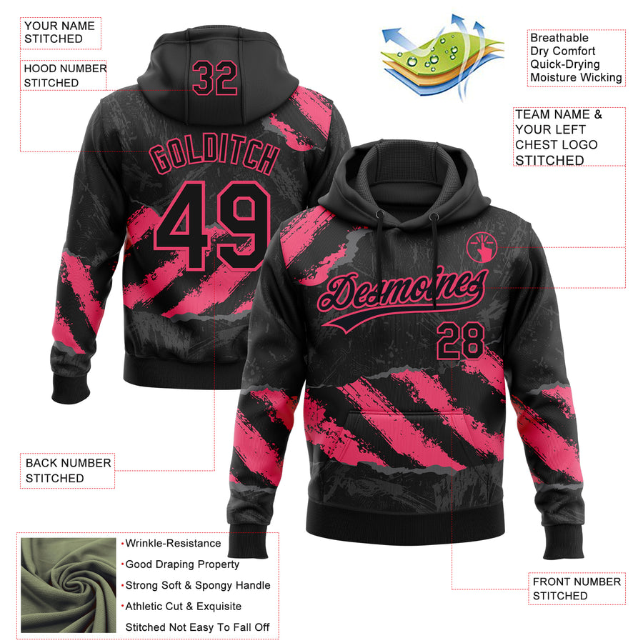Custom Stitched Black Neon Pink-Steel Gray 3D Pattern Design Splash Sports Pullover Sweatshirt Hoodie