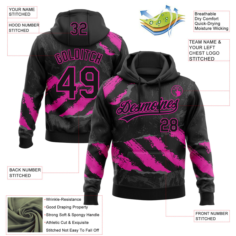 Custom Stitched Black Deep Pink-Steel Gray 3D Pattern Design Splash Sports Pullover Sweatshirt Hoodie