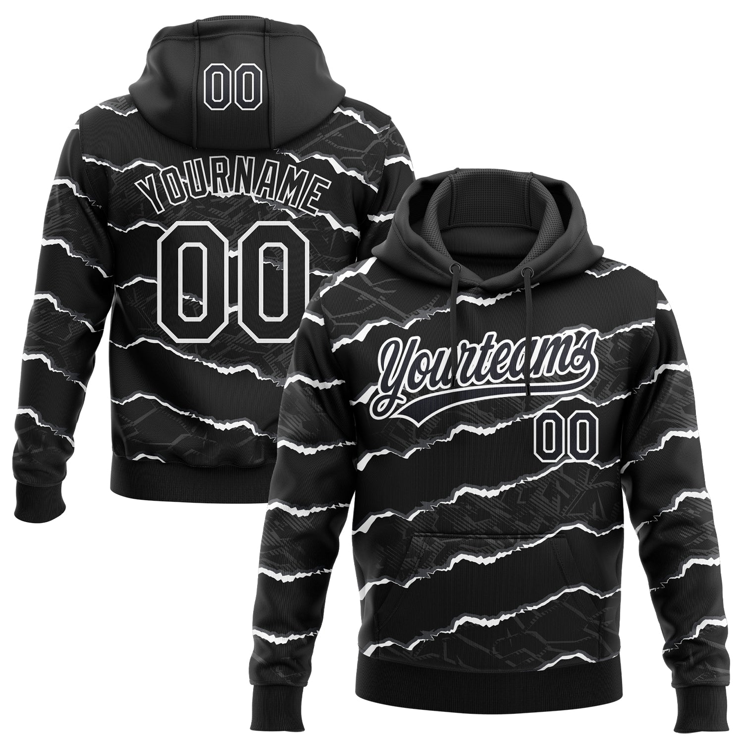 Custom Stitched Black White 3D Pattern Design Torn Paper Style Sports Pullover Sweatshirt Hoodie