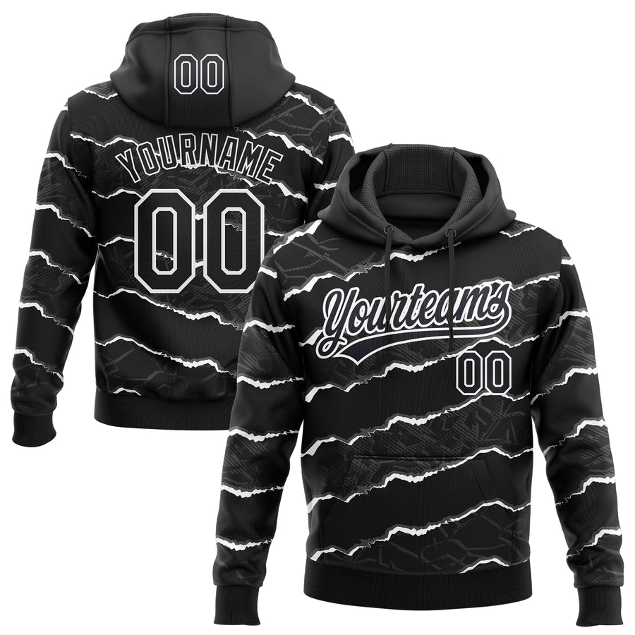 Custom Stitched Black White 3D Pattern Design Torn Paper Style Sports Pullover Sweatshirt Hoodie