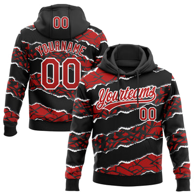 Custom Stitched Black Red-White 3D Pattern Design Torn Paper Style Sports Pullover Sweatshirt Hoodie