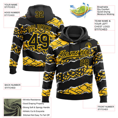 Custom Stitched Black Yellow-White 3D Pattern Design Torn Paper Style Sports Pullover Sweatshirt Hoodie