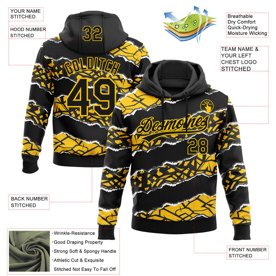Custom Stitched Black Yellow-White 3D Pattern Design Torn Paper Style Sports Pullover Sweatshirt Hoodie