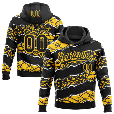 Custom Stitched Black Yellow-White 3D Pattern Design Torn Paper Style Sports Pullover Sweatshirt Hoodie