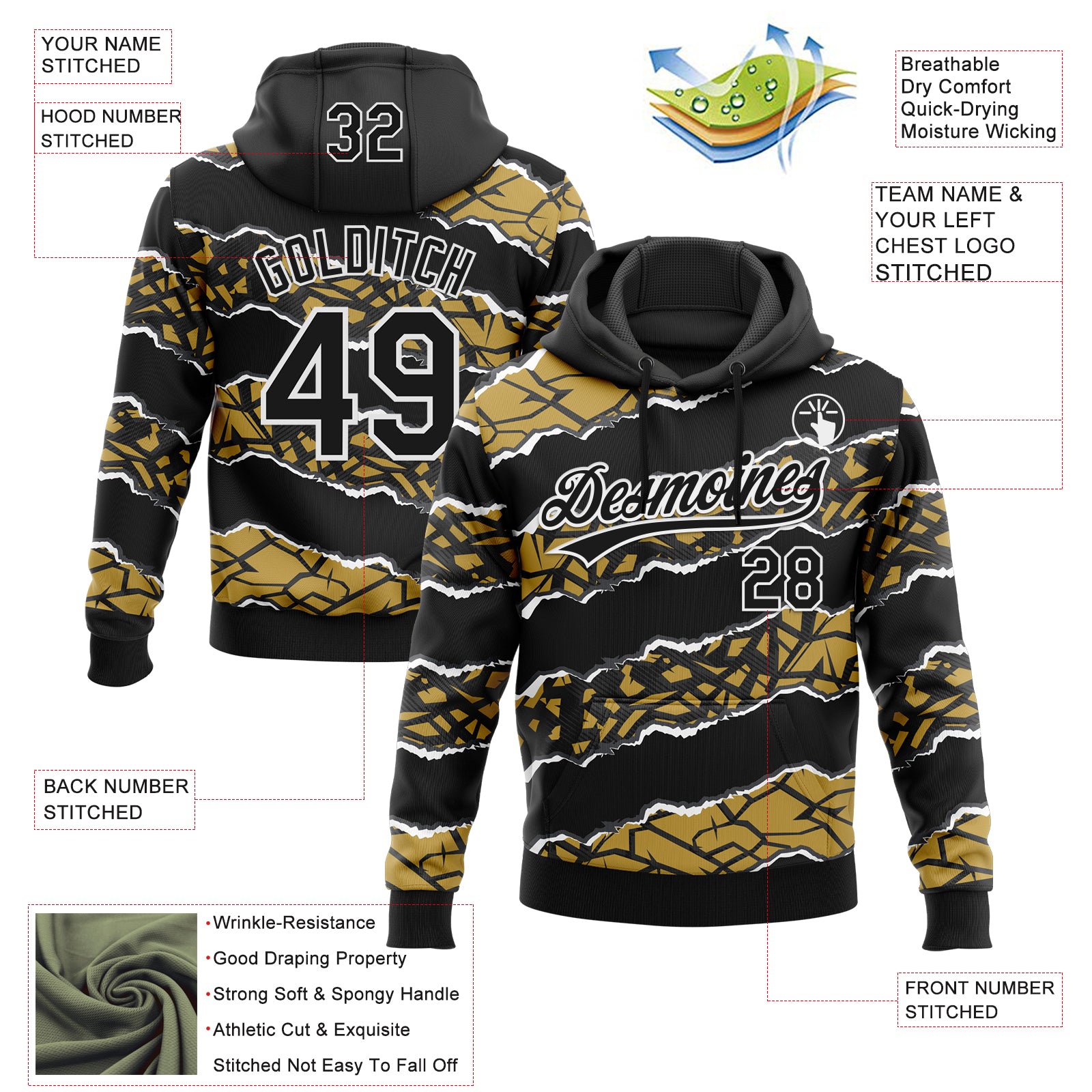 Custom Stitched Black Old Gold-White 3D Pattern Design Torn Paper Style Sports Pullover Sweatshirt Hoodie