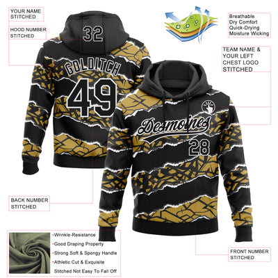 Custom Stitched Black Old Gold-White 3D Pattern Design Torn Paper Style Sports Pullover Sweatshirt Hoodie