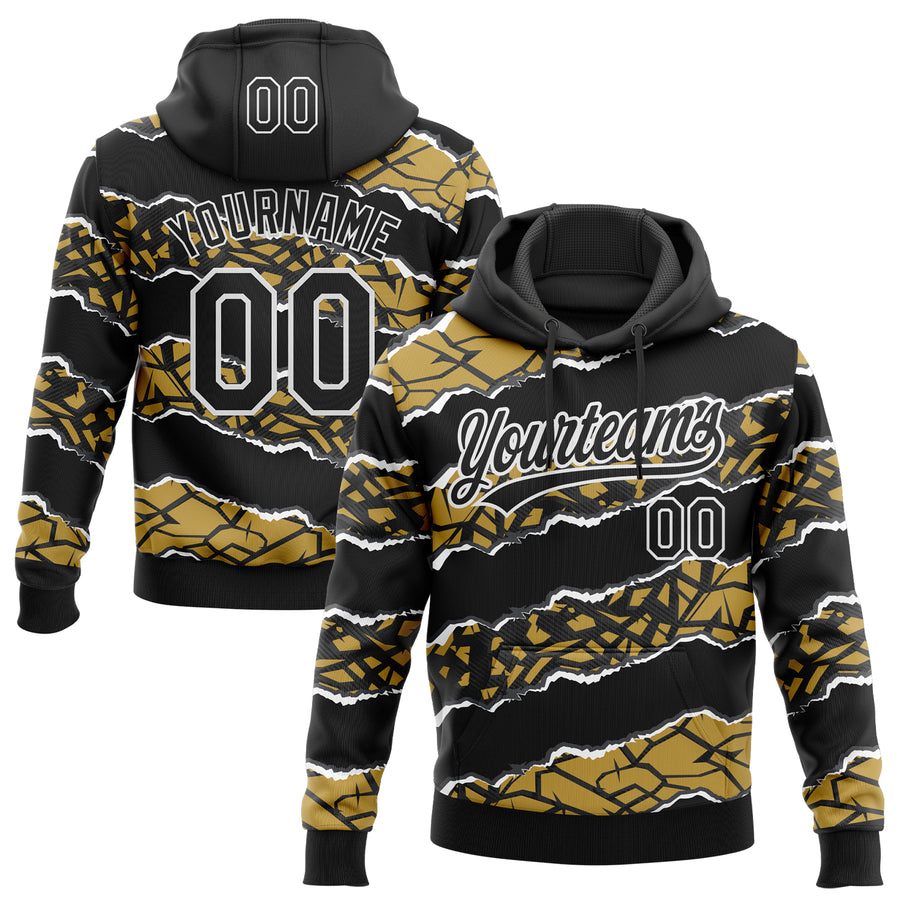 Custom Stitched Black Old Gold-White 3D Pattern Design Torn Paper Style Sports Pullover Sweatshirt Hoodie