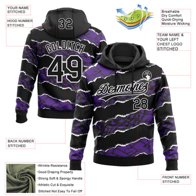 Custom Stitched Black Purple-White 3D Pattern Design Torn Paper Style Sports Pullover Sweatshirt Hoodie