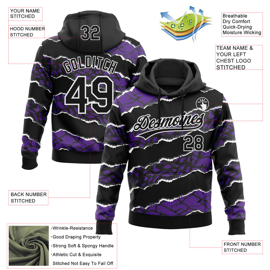 Custom Stitched Black Purple-White 3D Pattern Design Torn Paper Style Sports Pullover Sweatshirt Hoodie