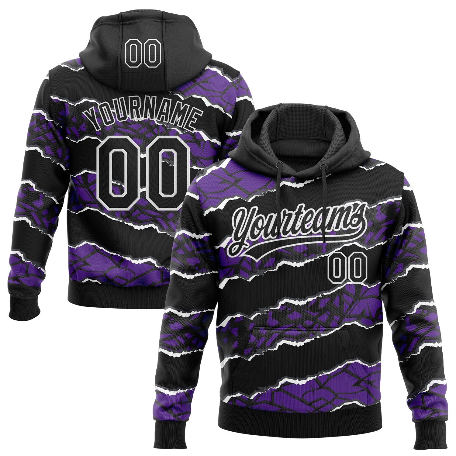 Custom Stitched Black Purple-White 3D Pattern Design Torn Paper Style Sports Pullover Sweatshirt Hoodie