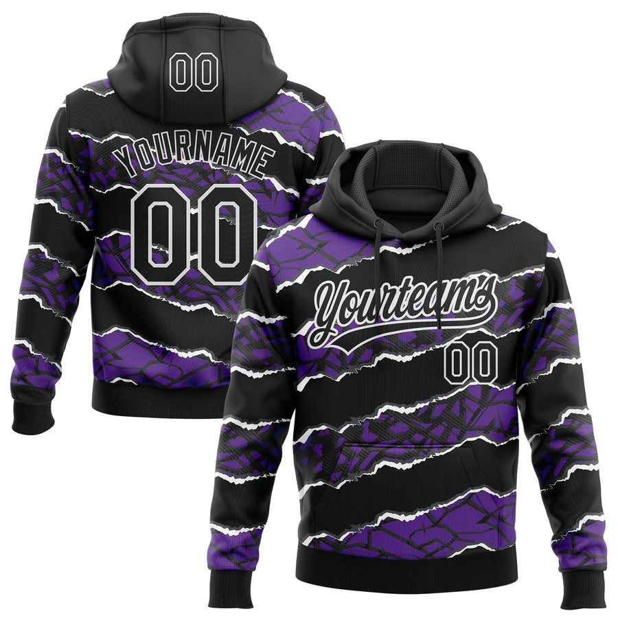Custom Stitched Black Purple-White 3D Pattern Design Torn Paper Style Sports Pullover Sweatshirt Hoodie