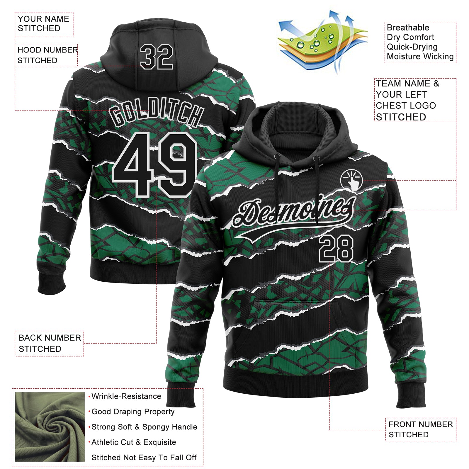Custom Stitched Black Kelly Green-White 3D Pattern Design Torn Paper Style Sports Pullover Sweatshirt Hoodie