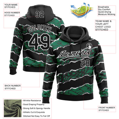 Custom Stitched Black Kelly Green-White 3D Pattern Design Torn Paper Style Sports Pullover Sweatshirt Hoodie