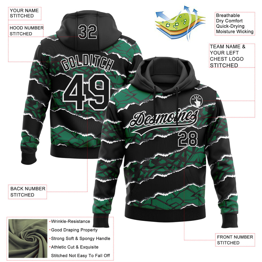 Custom Stitched Black Kelly Green-White 3D Pattern Design Torn Paper Style Sports Pullover Sweatshirt Hoodie
