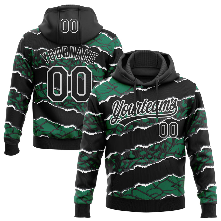 Custom Stitched Black Kelly Green-White 3D Pattern Design Torn Paper Style Sports Pullover Sweatshirt Hoodie