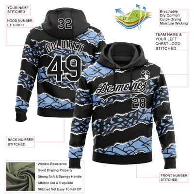Custom Stitched Black Light Blue-White 3D Pattern Design Torn Paper Style Sports Pullover Sweatshirt Hoodie