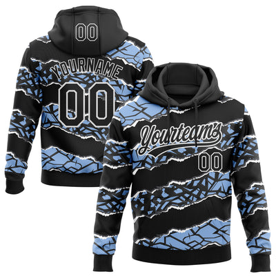 Custom Stitched Black Light Blue-White 3D Pattern Design Torn Paper Style Sports Pullover Sweatshirt Hoodie