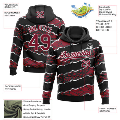 Custom Stitched Black Crimson-White 3D Pattern Design Torn Paper Style Sports Pullover Sweatshirt Hoodie