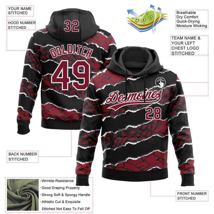 Custom Stitched Black Crimson-White 3D Pattern Design Torn Paper Style Sports Pullover Sweatshirt Hoodie
