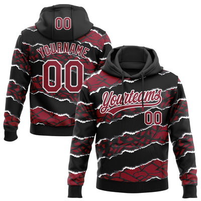 Custom Stitched Black Crimson-White 3D Pattern Design Torn Paper Style Sports Pullover Sweatshirt Hoodie