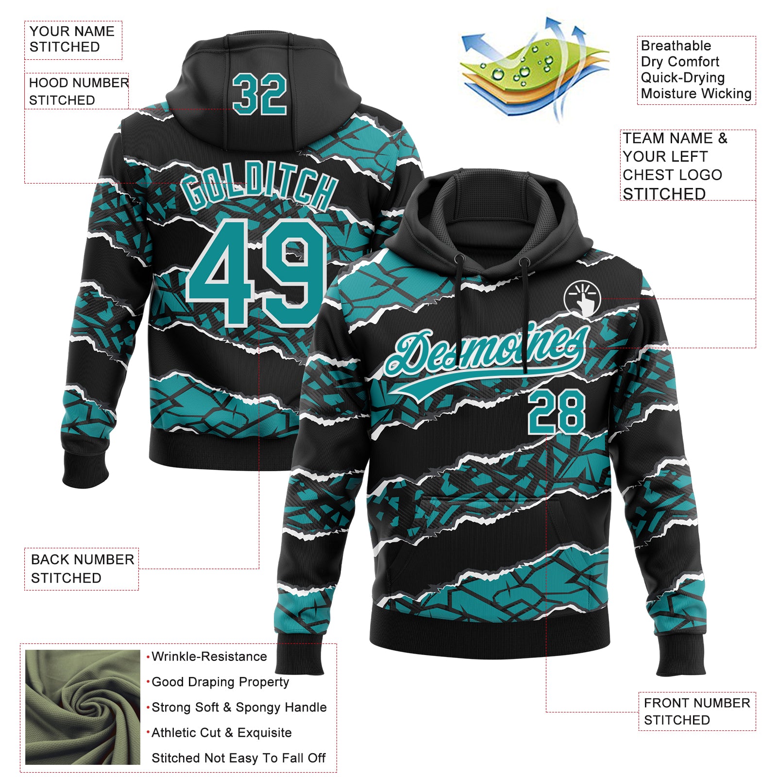 Custom Stitched Black Teal-White 3D Pattern Design Torn Paper Style Sports Pullover Sweatshirt Hoodie