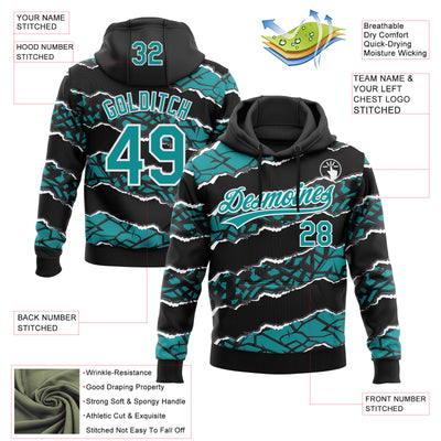 Custom Stitched Black Teal-White 3D Pattern Design Torn Paper Style Sports Pullover Sweatshirt Hoodie