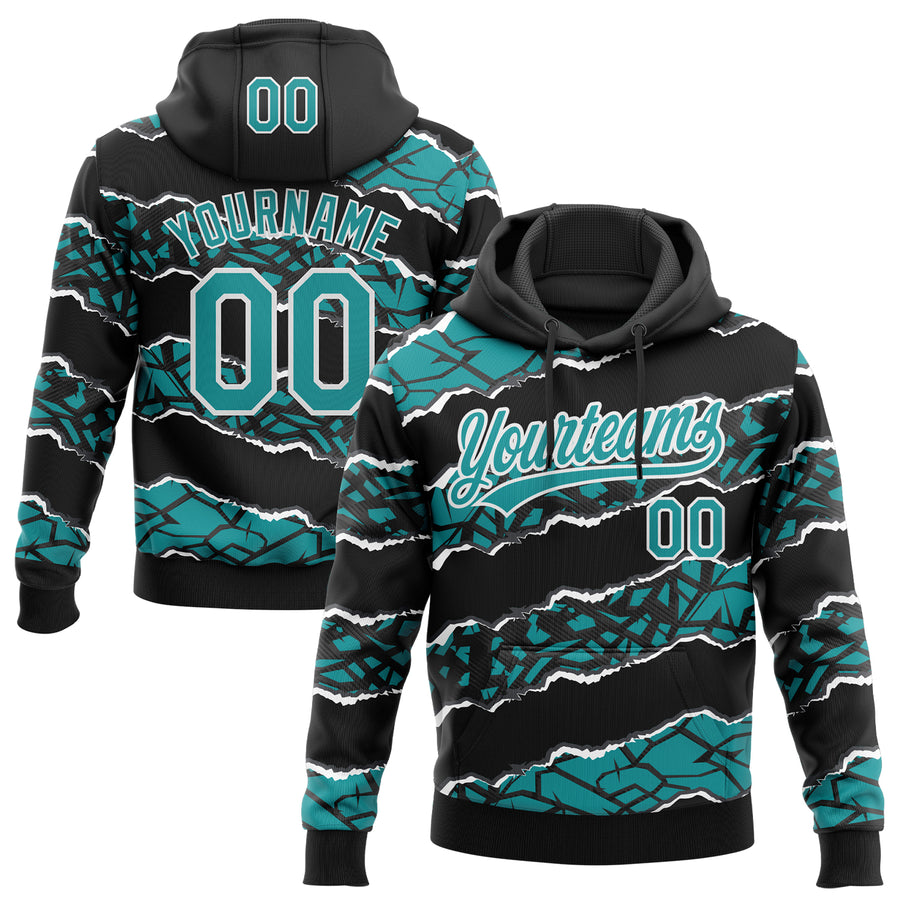Custom Stitched Black Teal-White 3D Pattern Design Torn Paper Style Sports Pullover Sweatshirt Hoodie