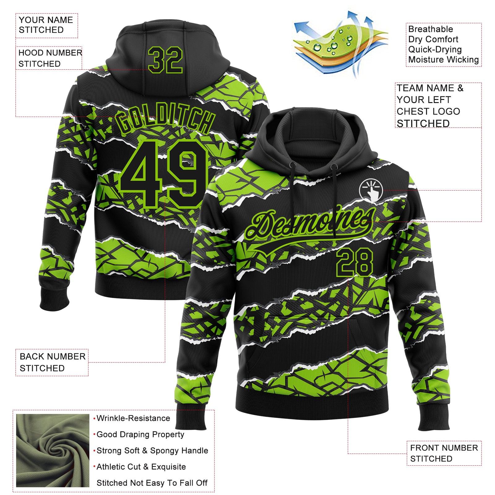 Custom Stitched Black Neon Green-White 3D Pattern Design Torn Paper Style Sports Pullover Sweatshirt Hoodie