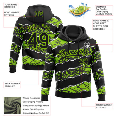 Custom Stitched Black Neon Green-White 3D Pattern Design Torn Paper Style Sports Pullover Sweatshirt Hoodie