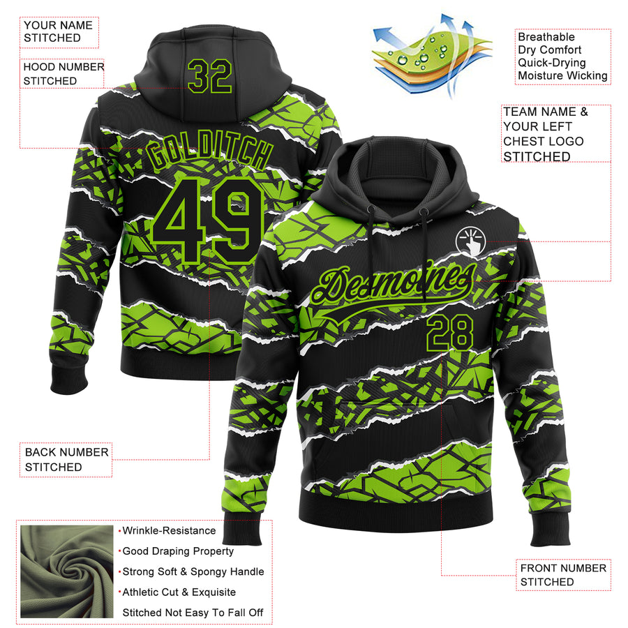 Custom Stitched Black Neon Green-White 3D Pattern Design Torn Paper Style Sports Pullover Sweatshirt Hoodie
