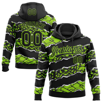 Custom Stitched Black Neon Green-White 3D Pattern Design Torn Paper Style Sports Pullover Sweatshirt Hoodie