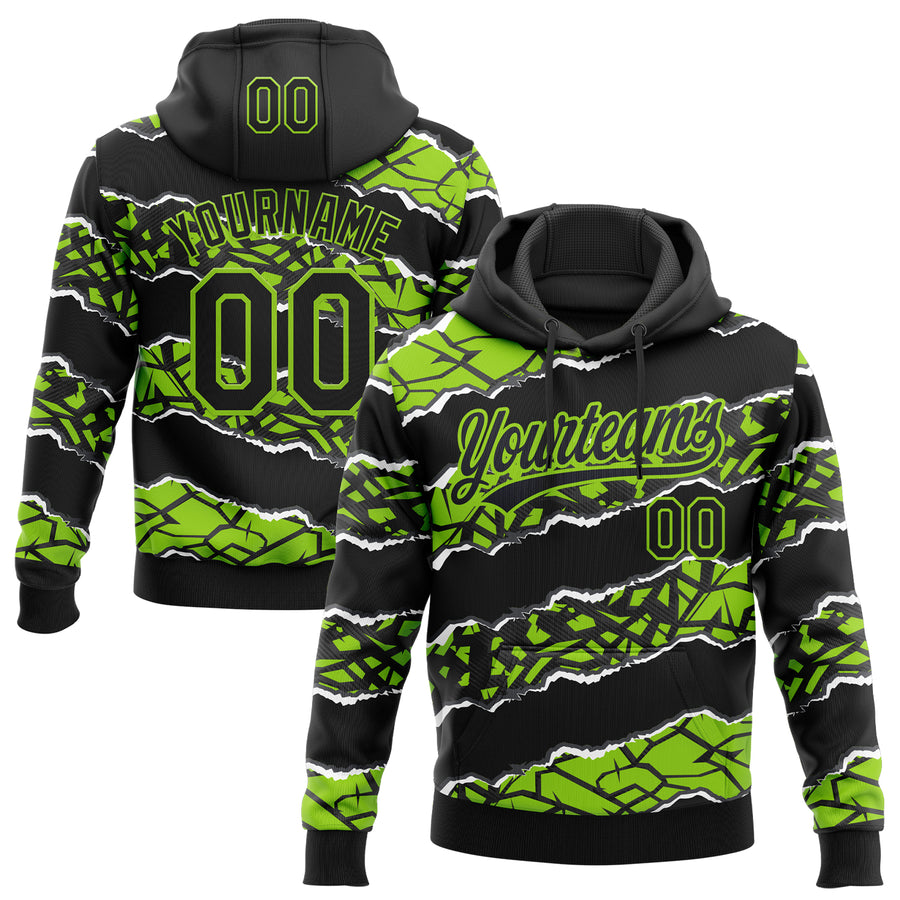 Custom Stitched Black Neon Green-White 3D Pattern Design Torn Paper Style Sports Pullover Sweatshirt Hoodie