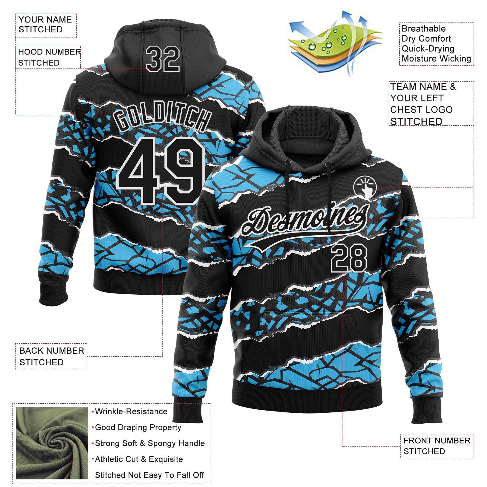 Custom Stitched Black Sky Blue-White 3D Pattern Design Torn Paper Style Sports Pullover Sweatshirt Hoodie