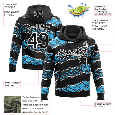 Custom Stitched Black Sky Blue-White 3D Pattern Design Torn Paper Style Sports Pullover Sweatshirt Hoodie