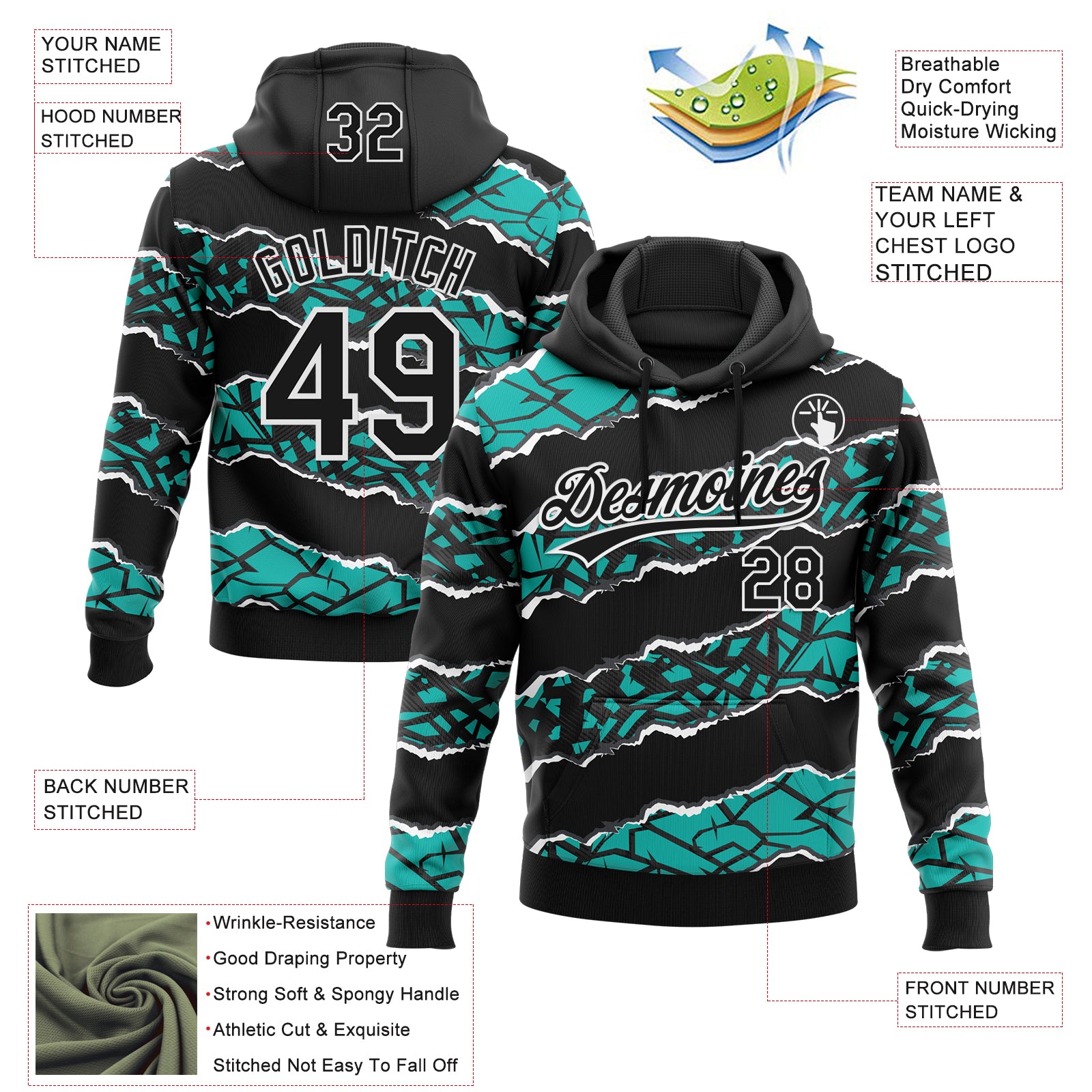 Custom Stitched Black Aqua-White 3D Pattern Design Torn Paper Style Sports Pullover Sweatshirt Hoodie