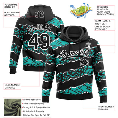 Custom Stitched Black Aqua-White 3D Pattern Design Torn Paper Style Sports Pullover Sweatshirt Hoodie