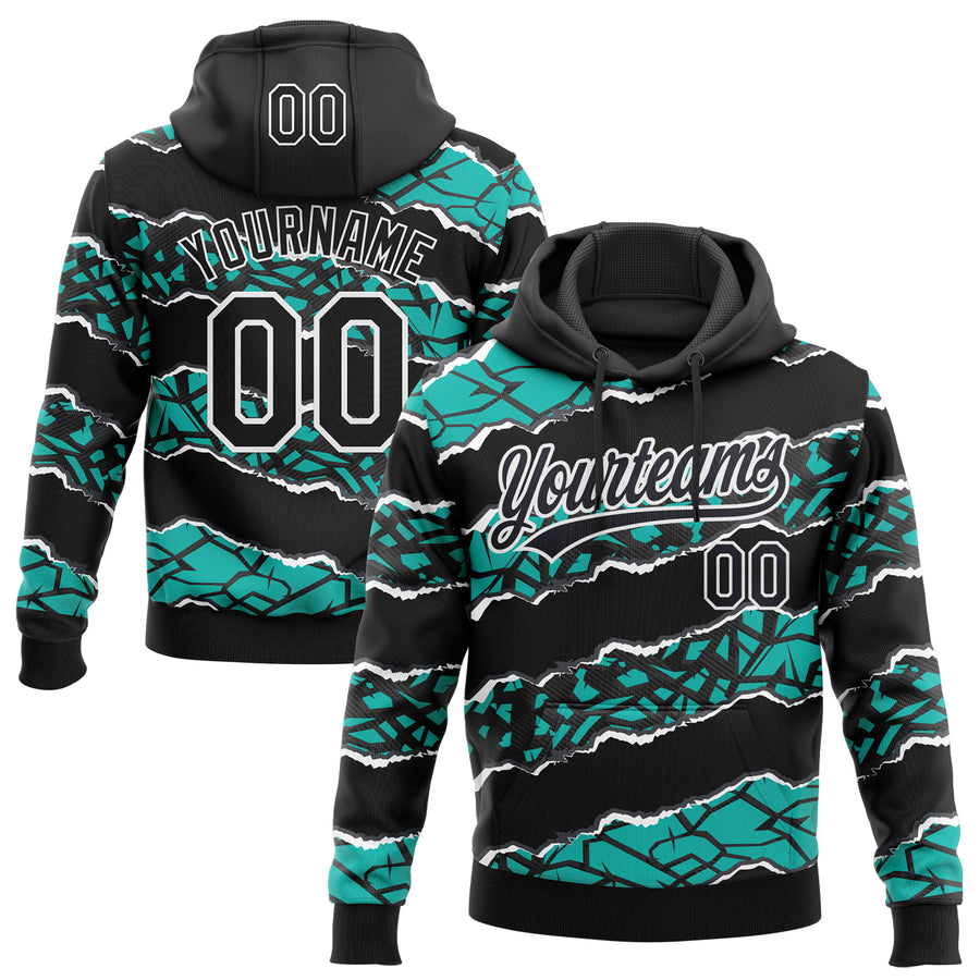 Custom Stitched Black Aqua-White 3D Pattern Design Torn Paper Style Sports Pullover Sweatshirt Hoodie