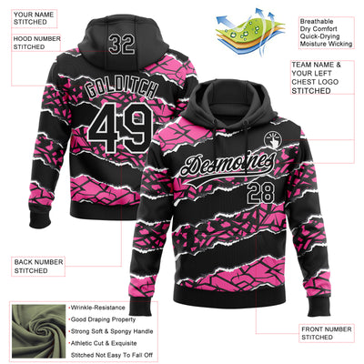 Custom Stitched Black Pink-White 3D Pattern Design Torn Paper Style Sports Pullover Sweatshirt Hoodie